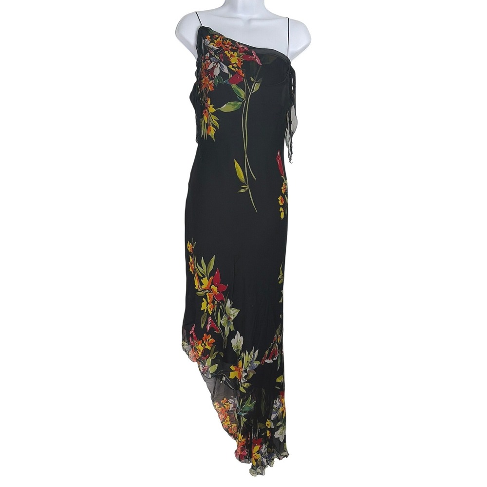 Cache Y2K Silk Floral Asymmetrical Handkerchief Hem Dress 10 Black Whimsigoth